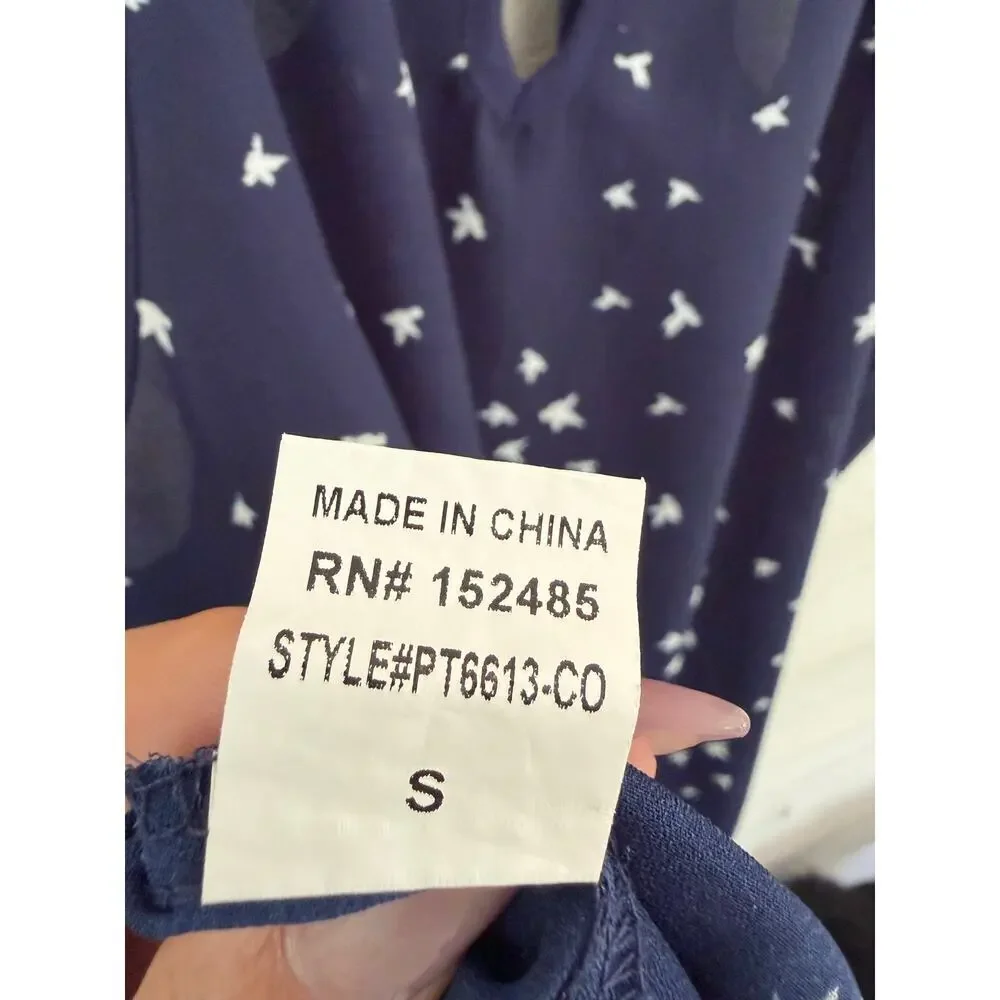 Papermoon Navy Bird Print Keyhole Tank Top Size Small Flowy Sleeveless Blouse - Picture 5 of 6